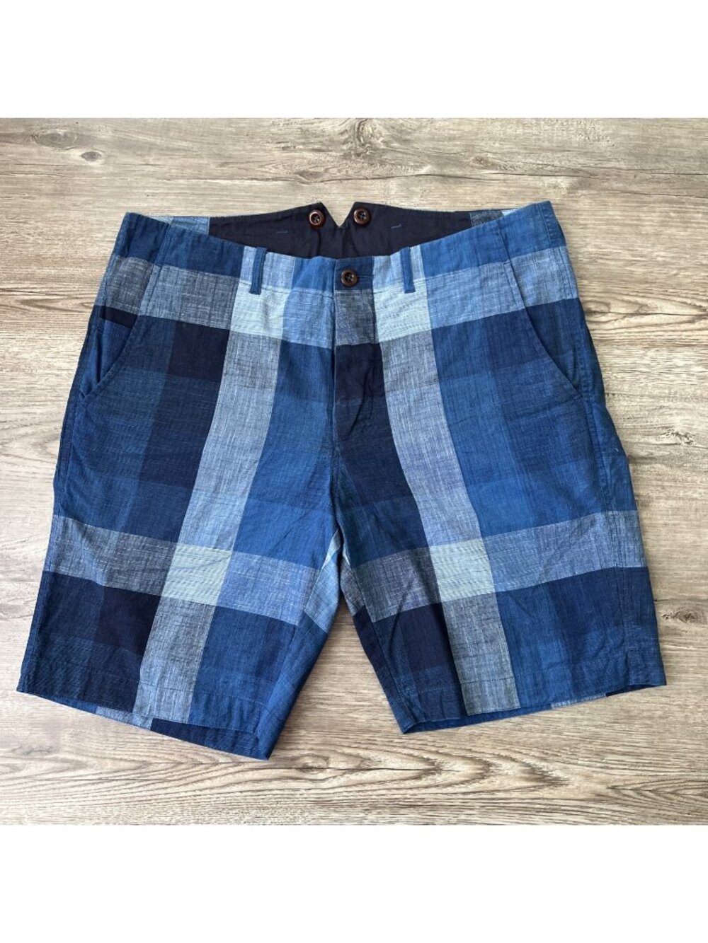 JCrew Wallace & Barnes Fishtail Shorts Mens 34 Blue Plaid Button Fly 9” Inseam